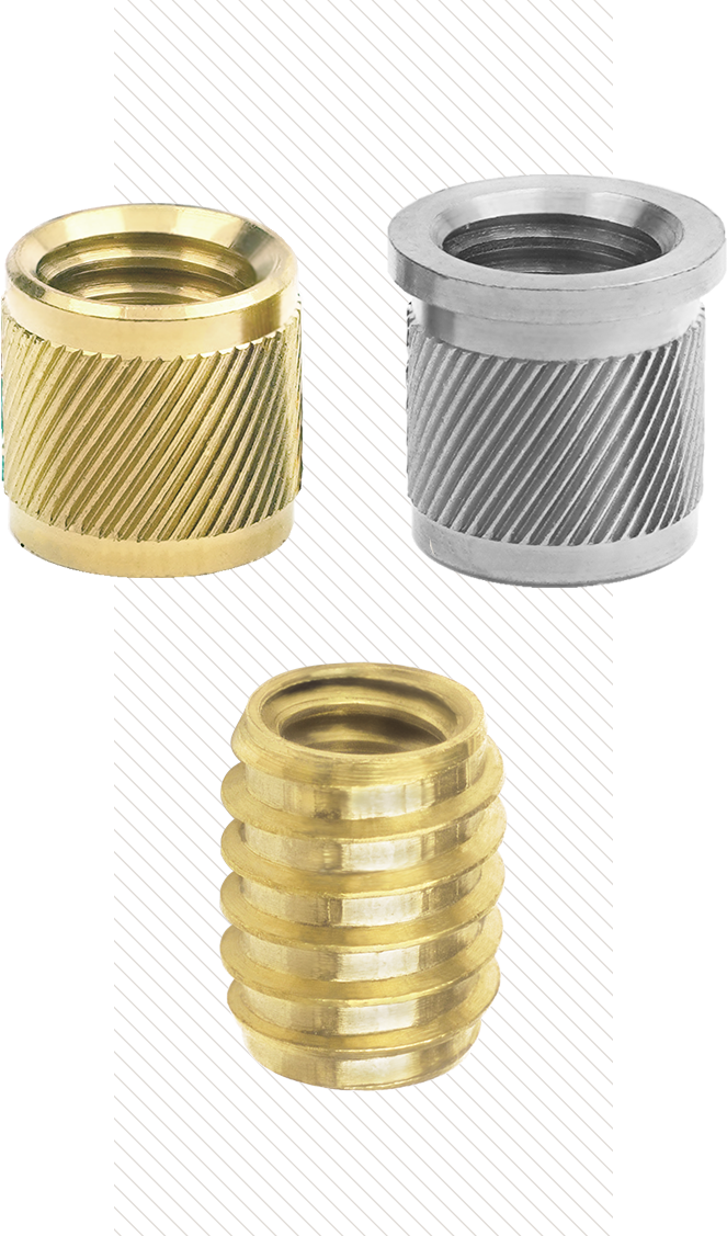 Insertos de Pressão SPIROL Série 50 (canto superior esquerdo) e 51 (canto superior direito) e Insertos Auto-atarrachantes SPIROL Série 10 (parte inferior)